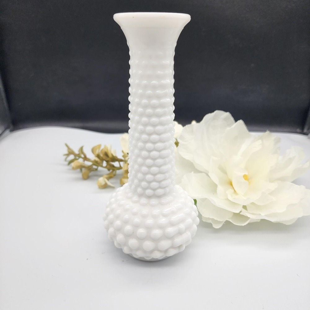 Vintage E.O. Brody Co. White Milk Glass Hobnail Bud Vase 7.75" Made in USA
